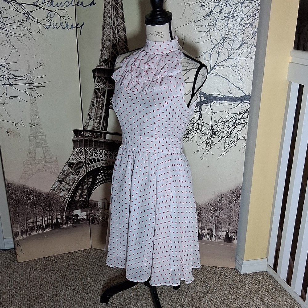 Elegant White and Red Polka Dot Midi Dress